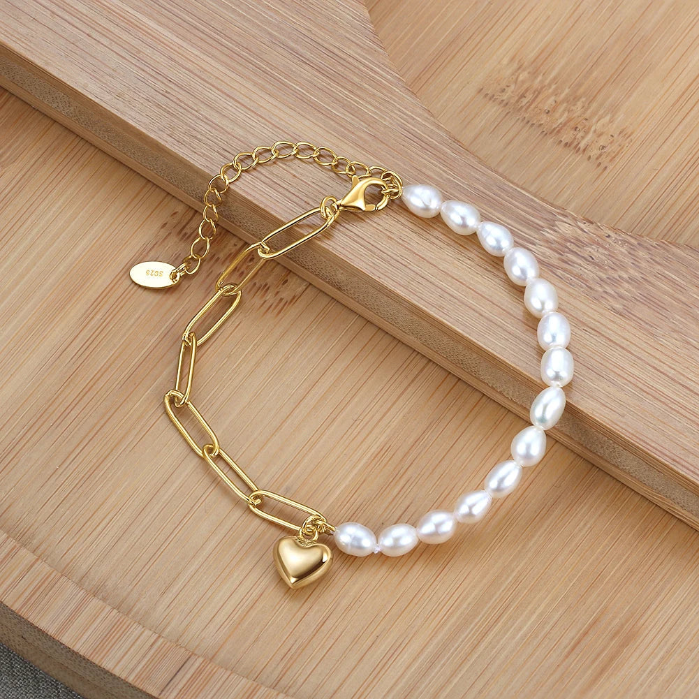 925S SILVER 14K GOLD "PEARL LINK HEART" ARMBAND
