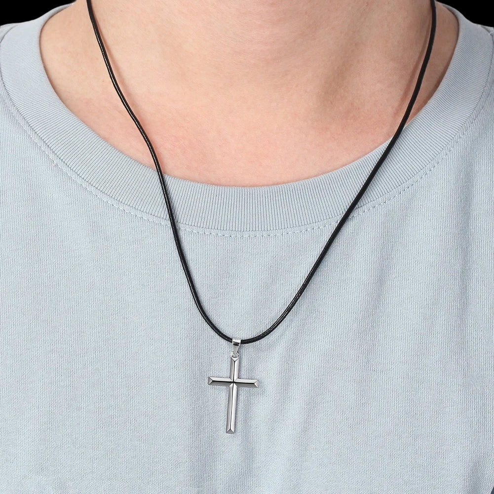 925S SILVER SCHWARZE LEDER "CROSS" KETTE - ICERAIN JEWELRY