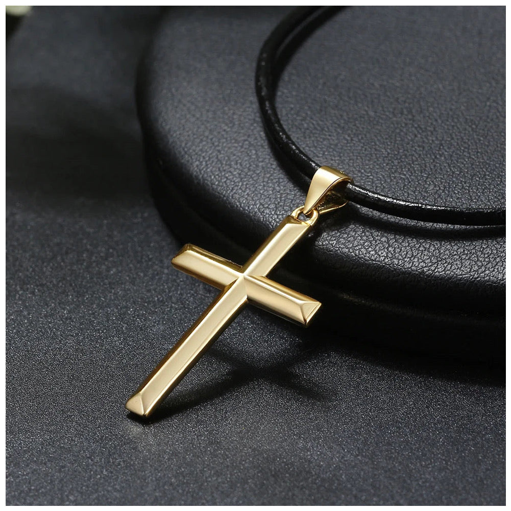 925S SILVER 14K GOLD SCHWARZE LEDER "CROSS" KETTE - ICERAIN JEWELRY