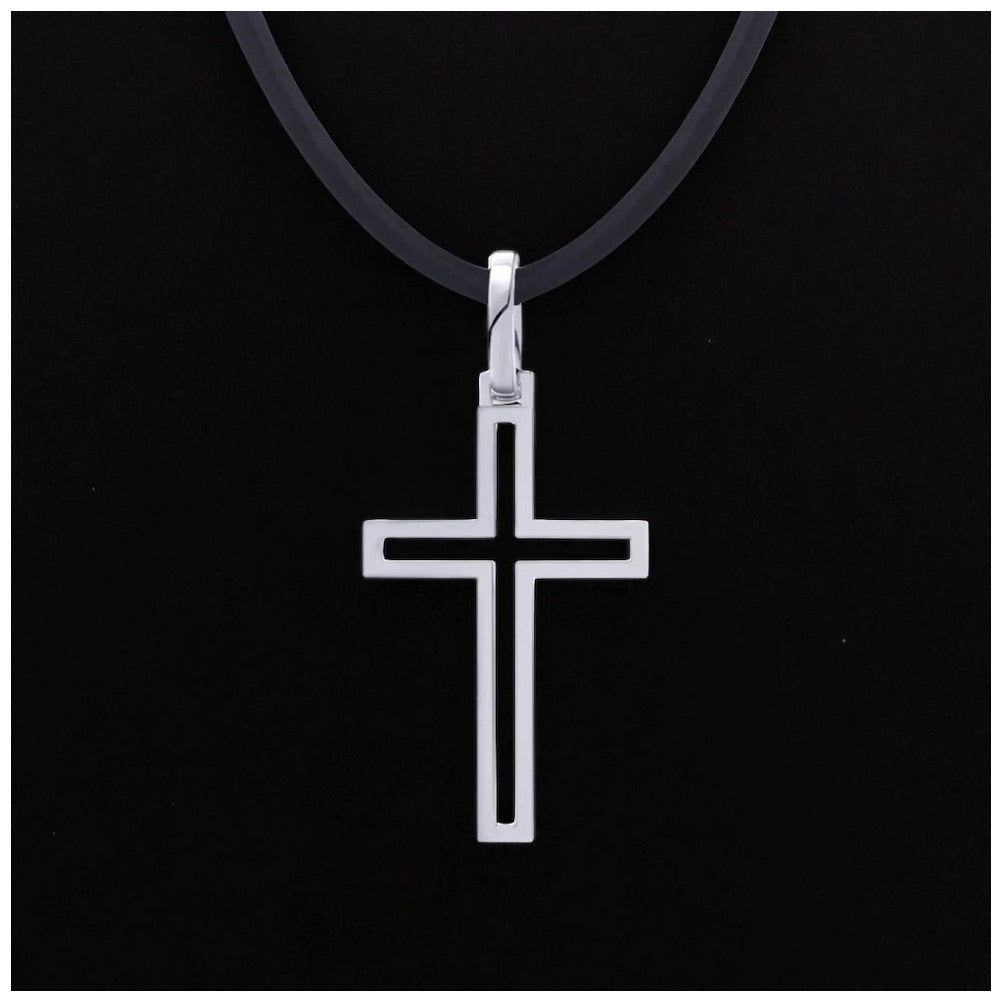 925S SILVER SCHWARZE LEDER "CROSS V2" KETTE - ICERAIN JEWELRY