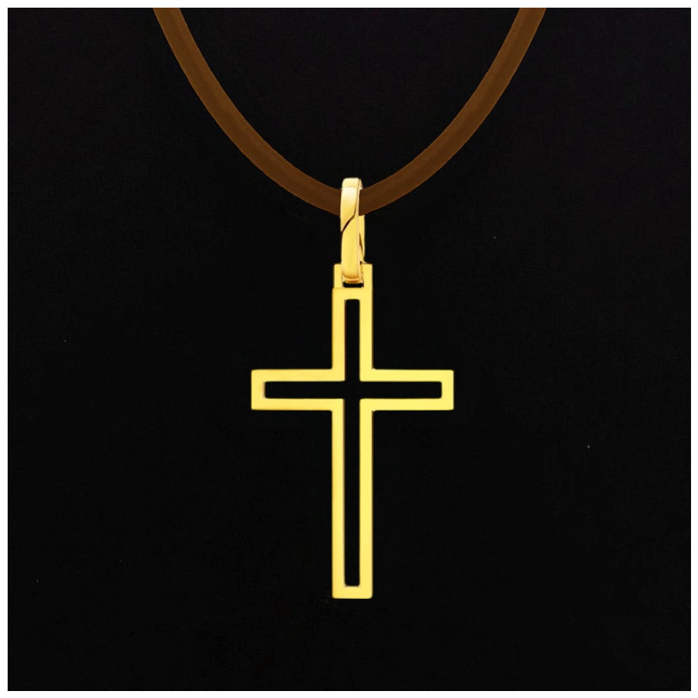 925S SILVER 18K GOLD BRAUNE LEDER "CROSS V2" KETTE - ICERAIN JEWELRY
