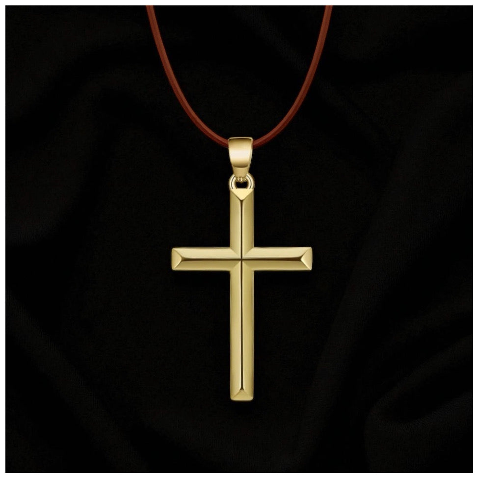 925S SILVER 14K GOLD BRAUNE LEDER "CROSS" KETTE - ICERAIN JEWELRY