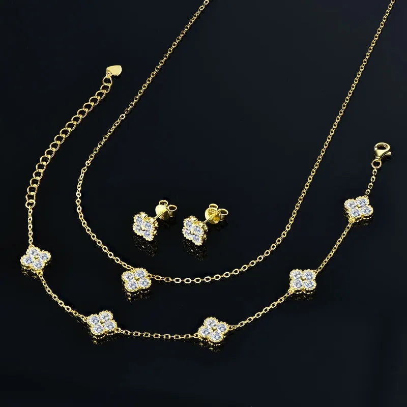 ICED OUT MOISSANITE 3-IN-1 "CLOVER" 925S SILVER SCHMUCKSET (HALSKETTE + ARMBAND + OHRRINGE) - ICERAIN JEWELRY