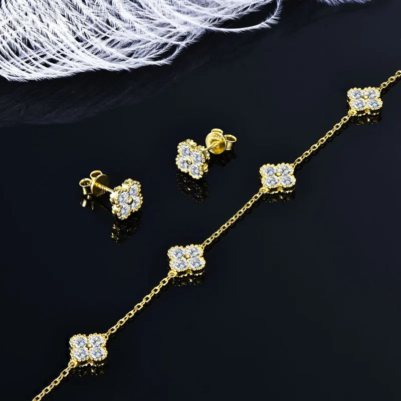 ICED OUT MOISSANITE 3-IN-1 "CLOVER" 925S SILVER SCHMUCKSET (HALSKETTE + ARMBAND + OHRRINGE) - ICERAIN JEWELRY