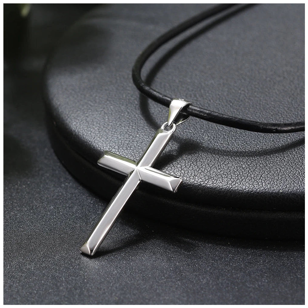 925S SILVER SCHWARZE LEDER "CROSS" KETTE - ICERAIN JEWELRY