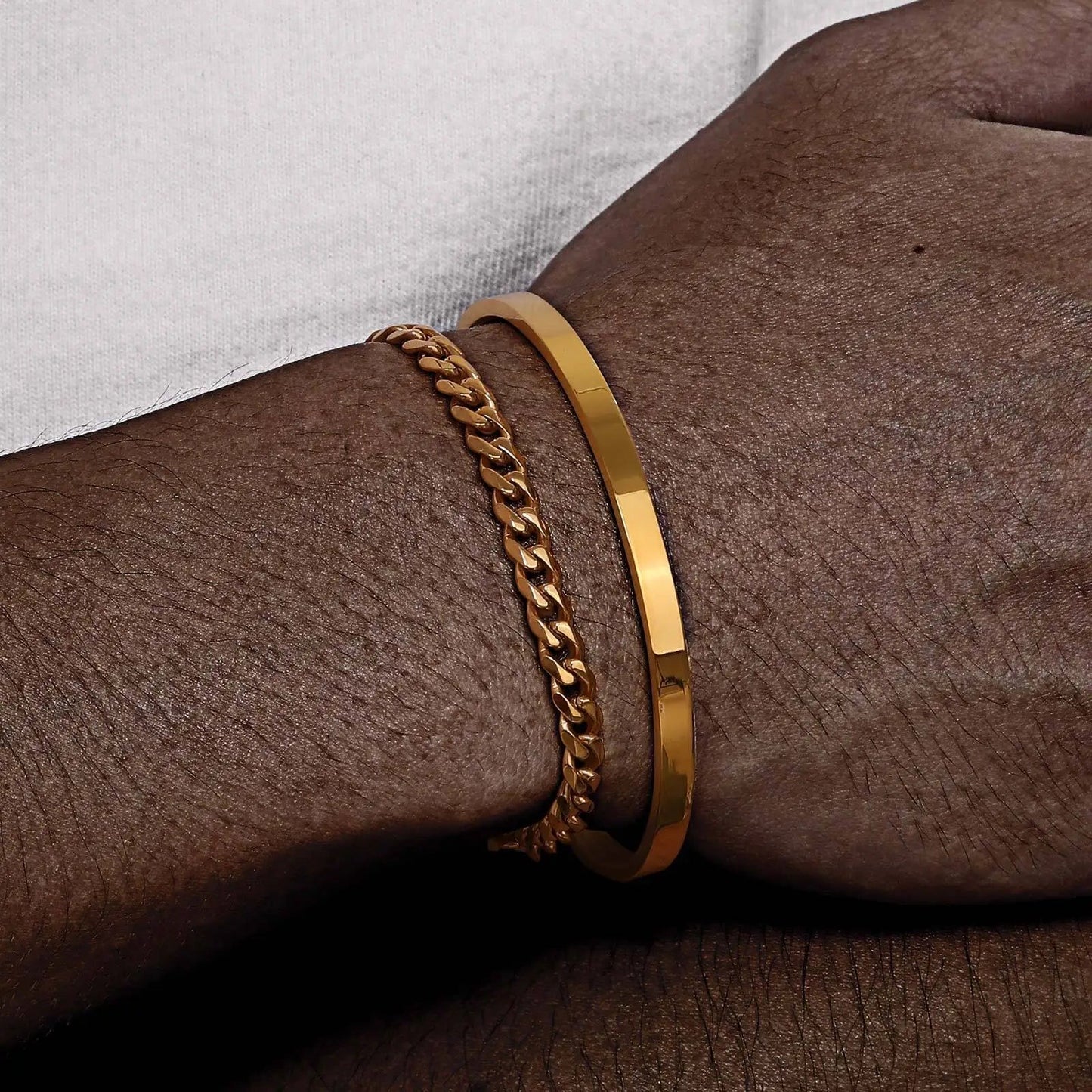 EDELSTAHL 2-IN-1 "GOLD CLASSICO CUBAN" SCHMUCKSET (ARMBAND + ARMREIF) - ICERAIN JEWELRY