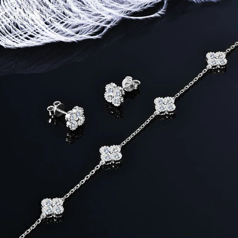 ICED OUT MOISSANITE 3-IN-1 "CLOVER" 925S SILVER SCHMUCKSET (HALSKETTE + ARMBAND + OHRRINGE) - ICERAIN JEWELRY