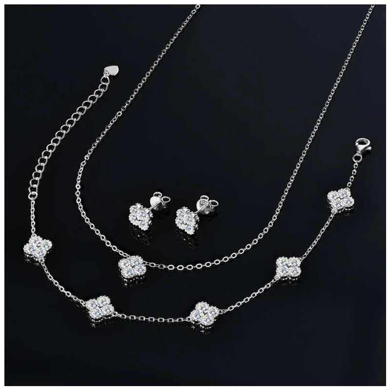 ICED OUT MOISSANITE 3-IN-1 "CLOVER" 925S SILVER SCHMUCKSET (HALSKETTE + ARMBAND + OHRRINGE) - ICERAIN JEWELRY