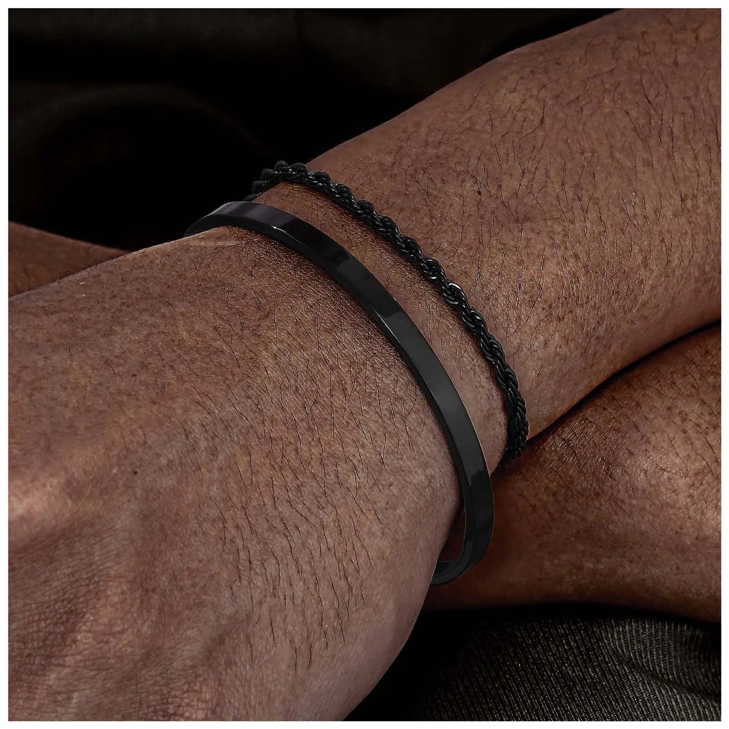 EDELSTAHL 2-IN-1 "BLACK CLASSICO ROPE" SCHMUCKSET (ARMBAND + ARMREIF) - ICERAIN JEWELRY