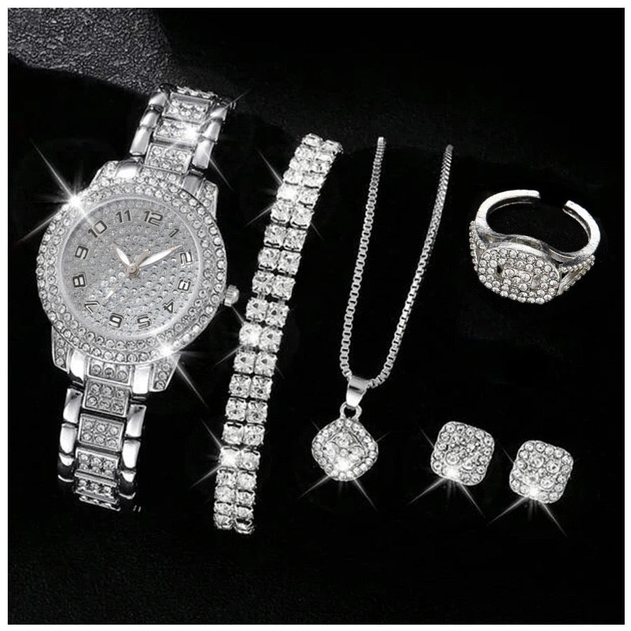 ICED OUT 6-IN-1 "SILVER TANTO" SCHMUCKSET (HALSKETTE + 2 ARMBAND + UHR + OHRRINGE + RING) - ICERAIN JEWELRY