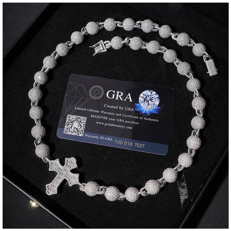 ICED OUT 10MM MOISSANITE "BALL CROSS" WEISSGOLD 925S SILVER KETTE - ICERAIN JEWELRY