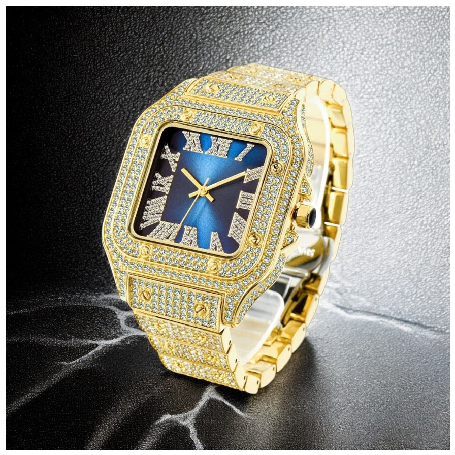 SALE | ICED OUT "GOLD/BLUE PIAZZA" UHR - ICERAIN JEWELRY