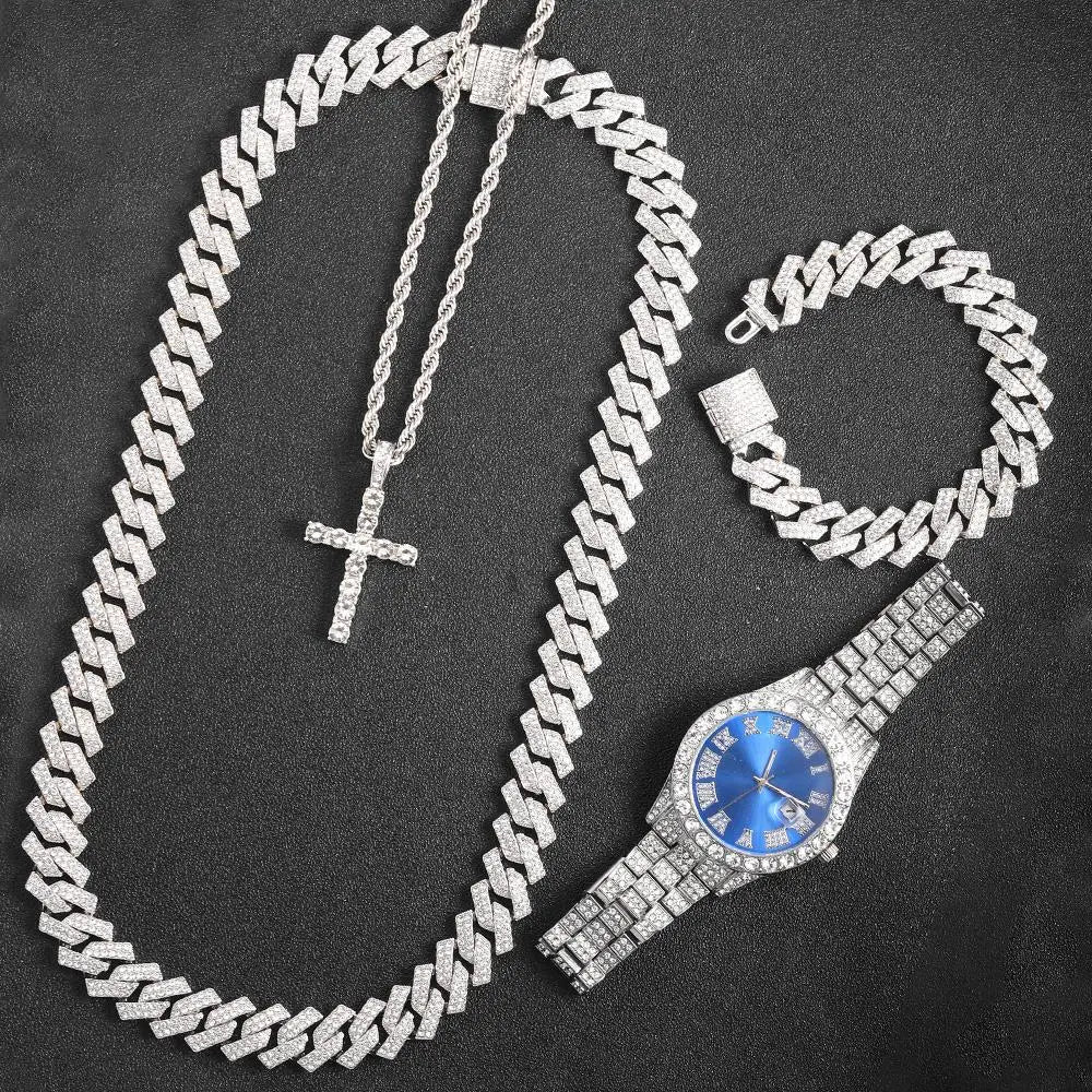 ICED OUT 14MM 4-IN-1 "SILVER PRONG" SCHMUCKSET (2 HALSKETTEN + ARMBAND + UHR) - ICERAIN JEWELRY