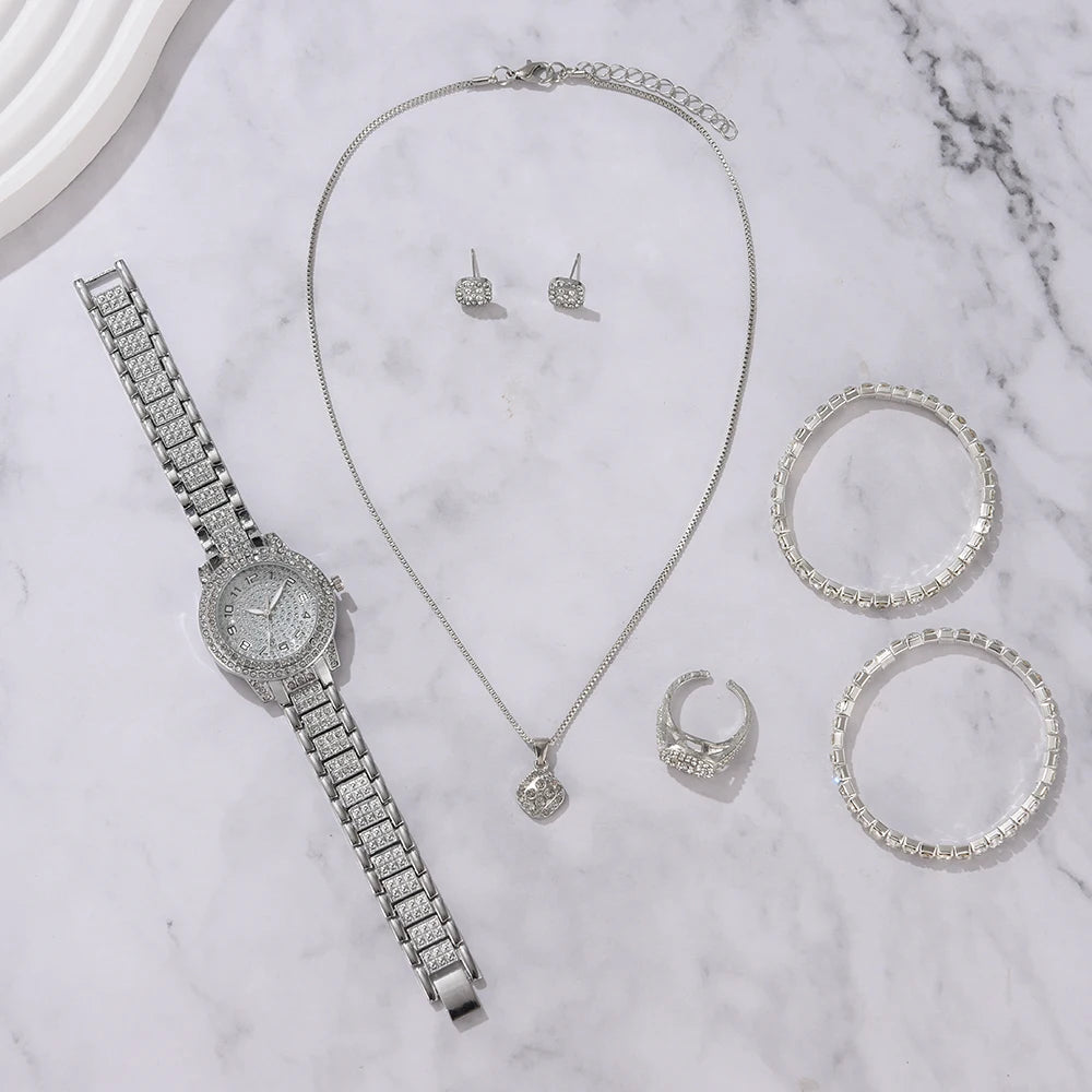 ICED OUT 6-IN-1 "SILVER TANTO" SCHMUCKSET (HALSKETTE + 2 ARMBAND + UHR + OHRRINGE + RING) - ICERAIN JEWELRY