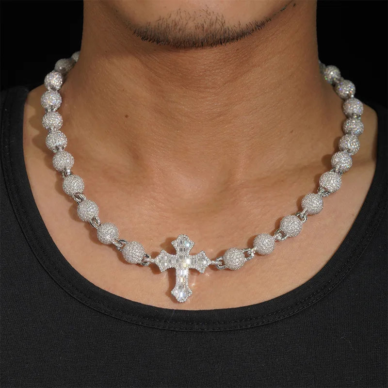 ICED OUT 10MM MOISSANITE "BALL CROSS" WEISSGOLD 925S SILVER KETTE - ICERAIN JEWELRY