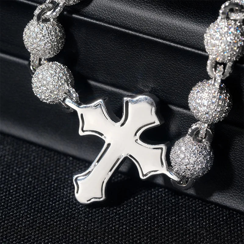 ICED OUT 10MM MOISSANITE "BALL CROSS" WEISSGOLD 925S SILVER KETTE - ICERAIN JEWELRY