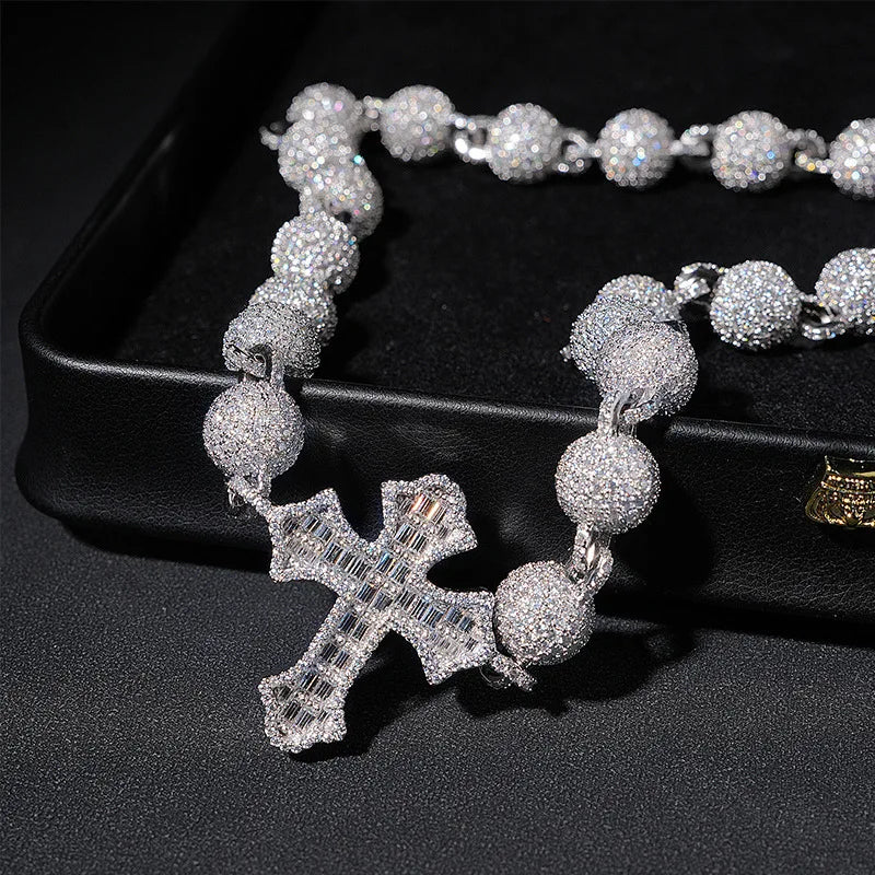 ICED OUT 10MM MOISSANITE "BALL CROSS" WEISSGOLD 925S SILVER KETTE - ICERAIN JEWELRY