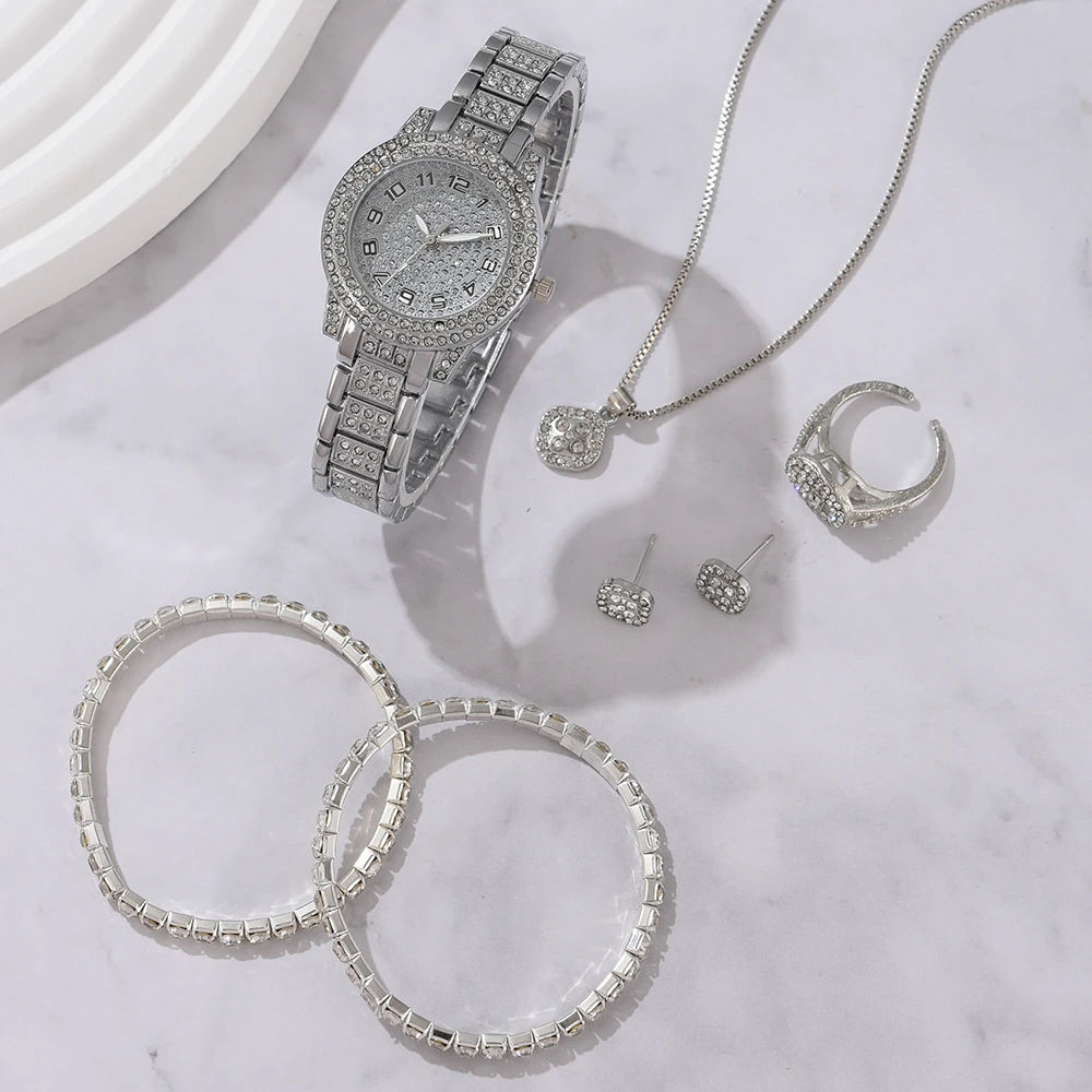 ICED OUT 6-IN-1 "SILVER TANTO" SCHMUCKSET (HALSKETTE + 2 ARMBAND + UHR + OHRRINGE + RING) - ICERAIN JEWELRY