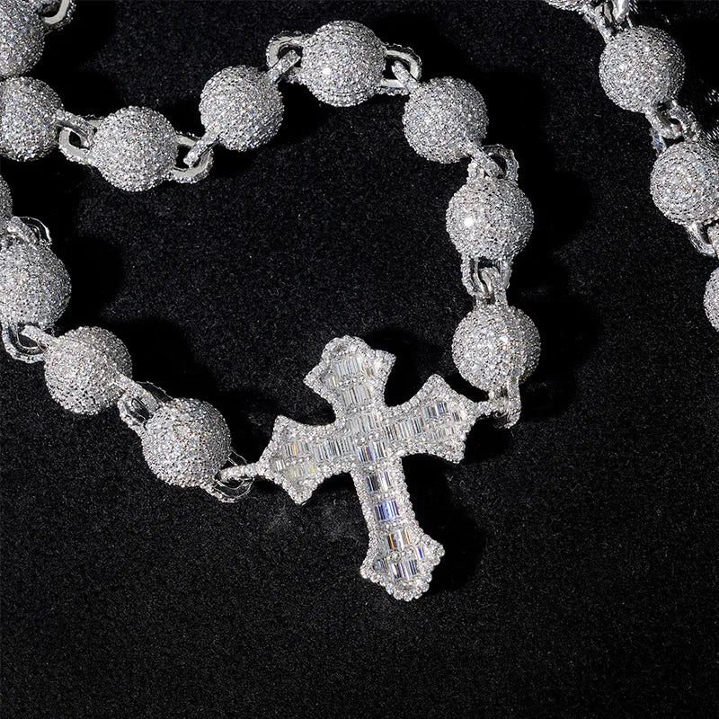 ICED OUT 10MM MOISSANITE "BALL CROSS" WEISSGOLD 925S SILVER KETTE - ICERAIN JEWELRY