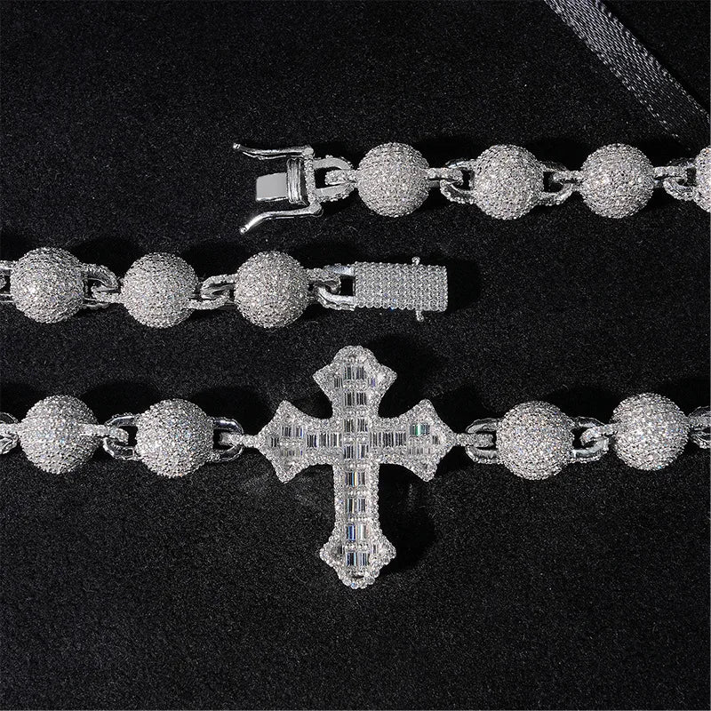 ICED OUT 10MM MOISSANITE "BALL CROSS" WEISSGOLD 925S SILVER KETTE - ICERAIN JEWELRY