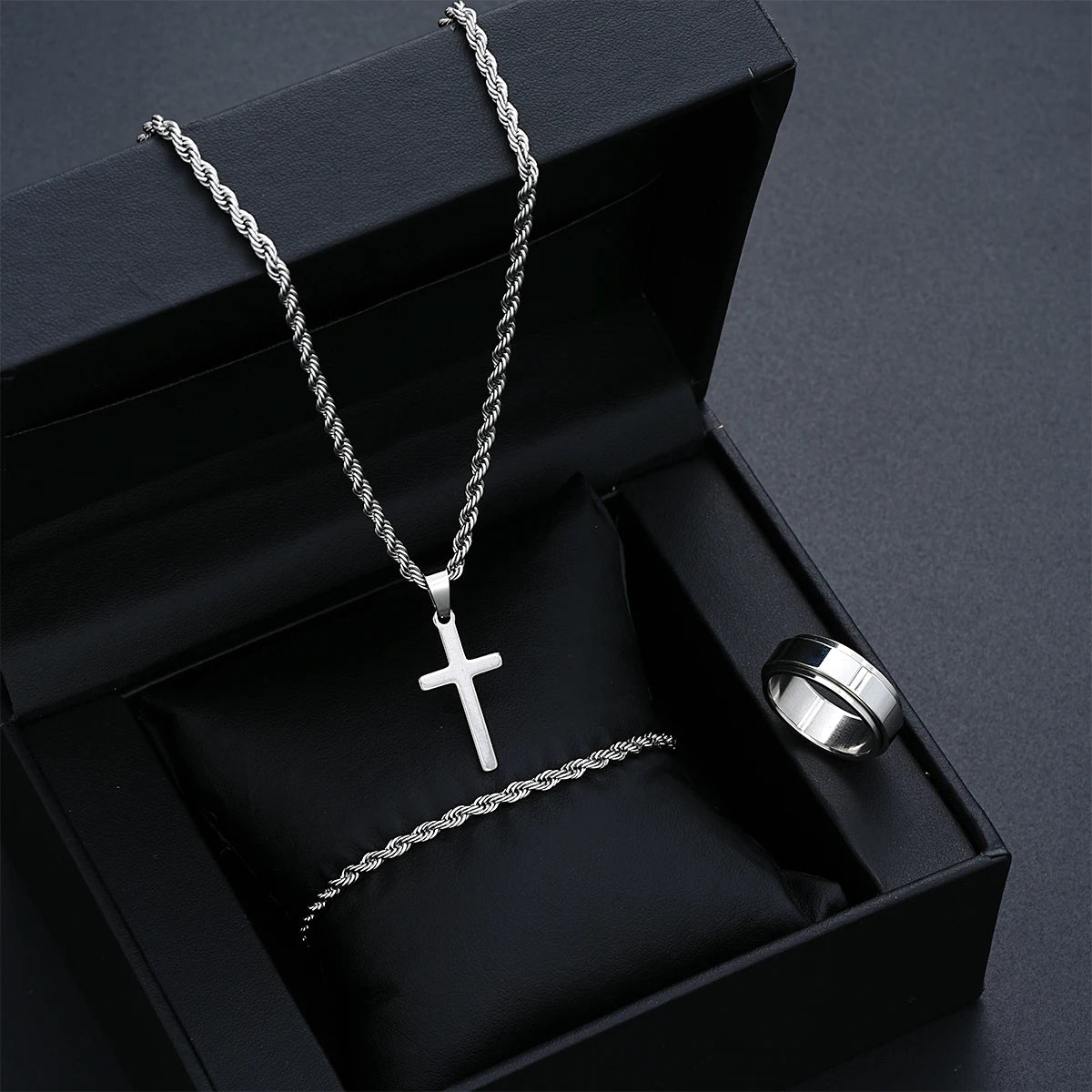EDELSTAHL 4MM 3-IN-1 "SILVER ROPE CROSS" SCHMUCKSET (HALSKETTE + ARMBAND + RING) - ICERAIN JEWELRY