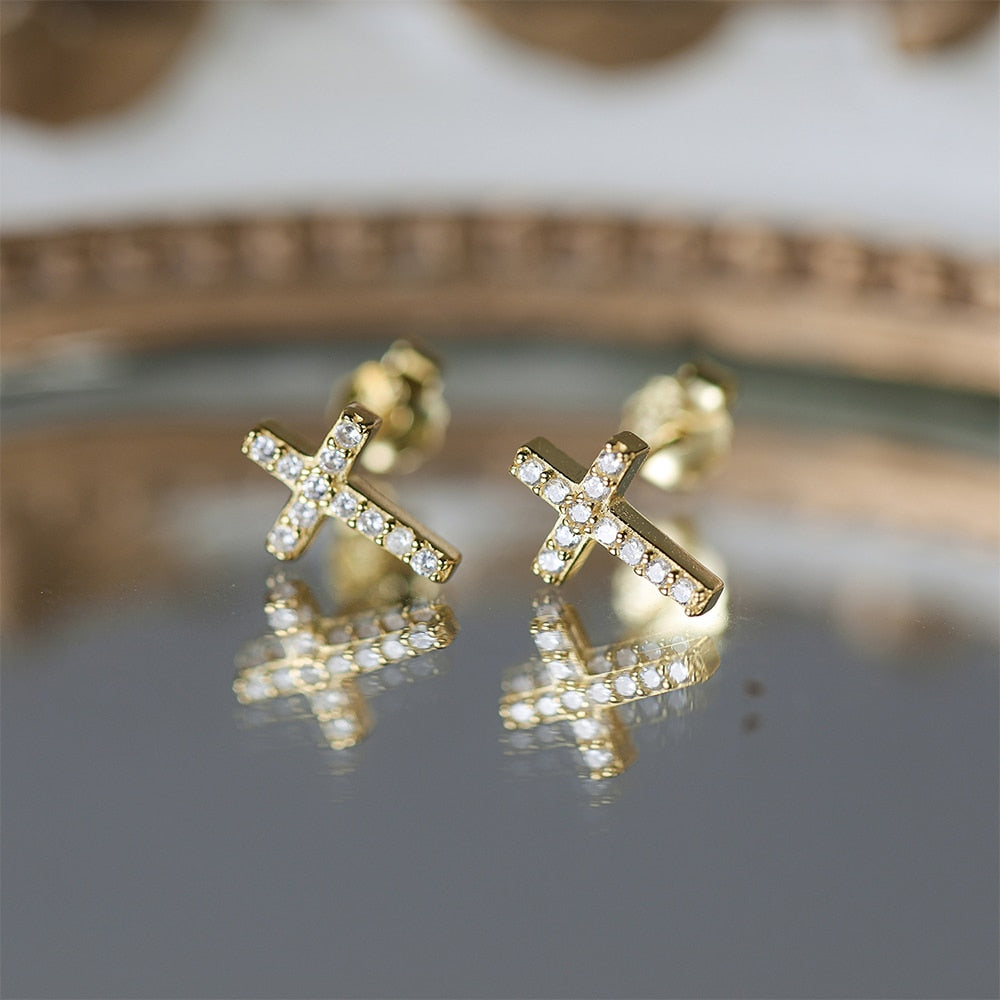 ICED OUT "GOLD MINI CROSS" OHRRINGE - ICERAIN JEWELRY