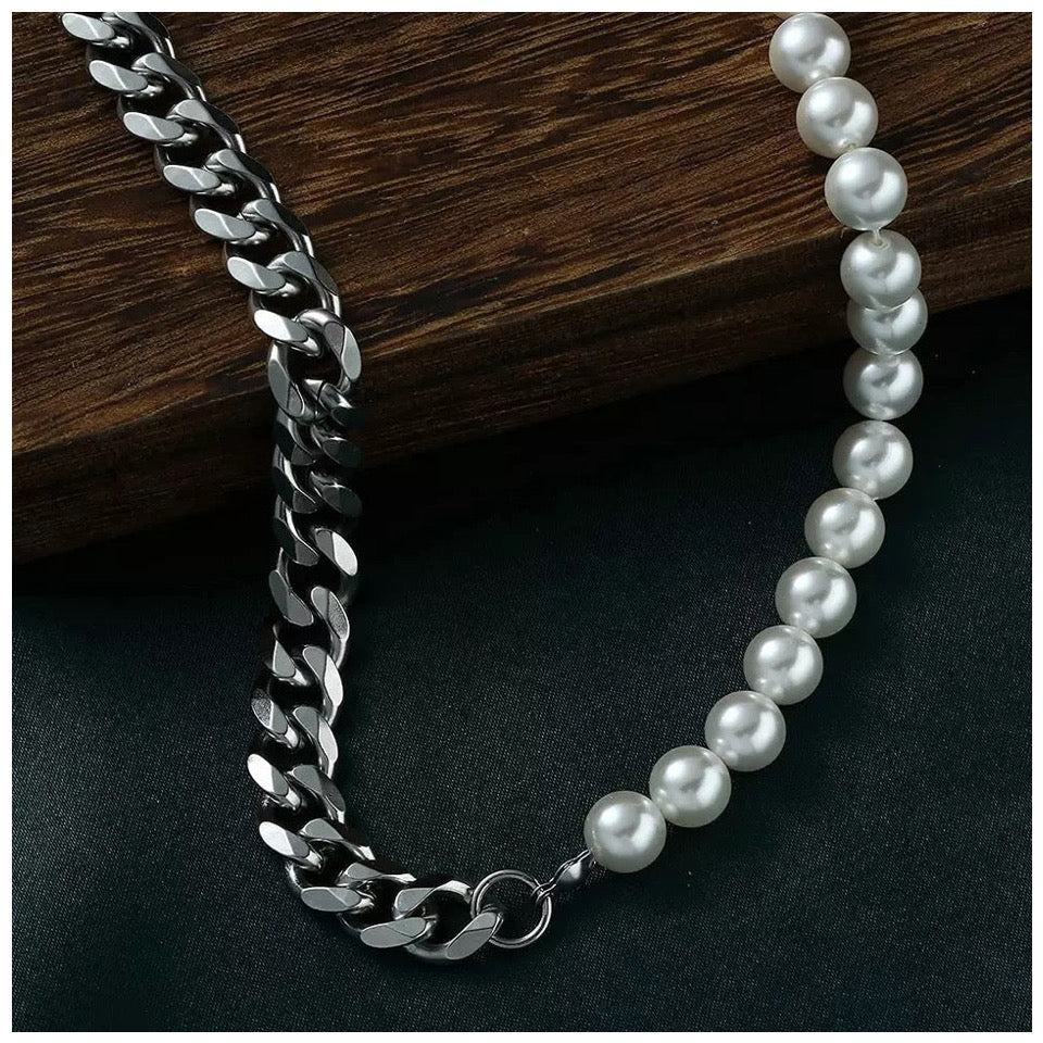 EDELSTAHL 10MM CUBAN/8MM PEARL "TRIP" KETTE - ICERAIN JEWELRY