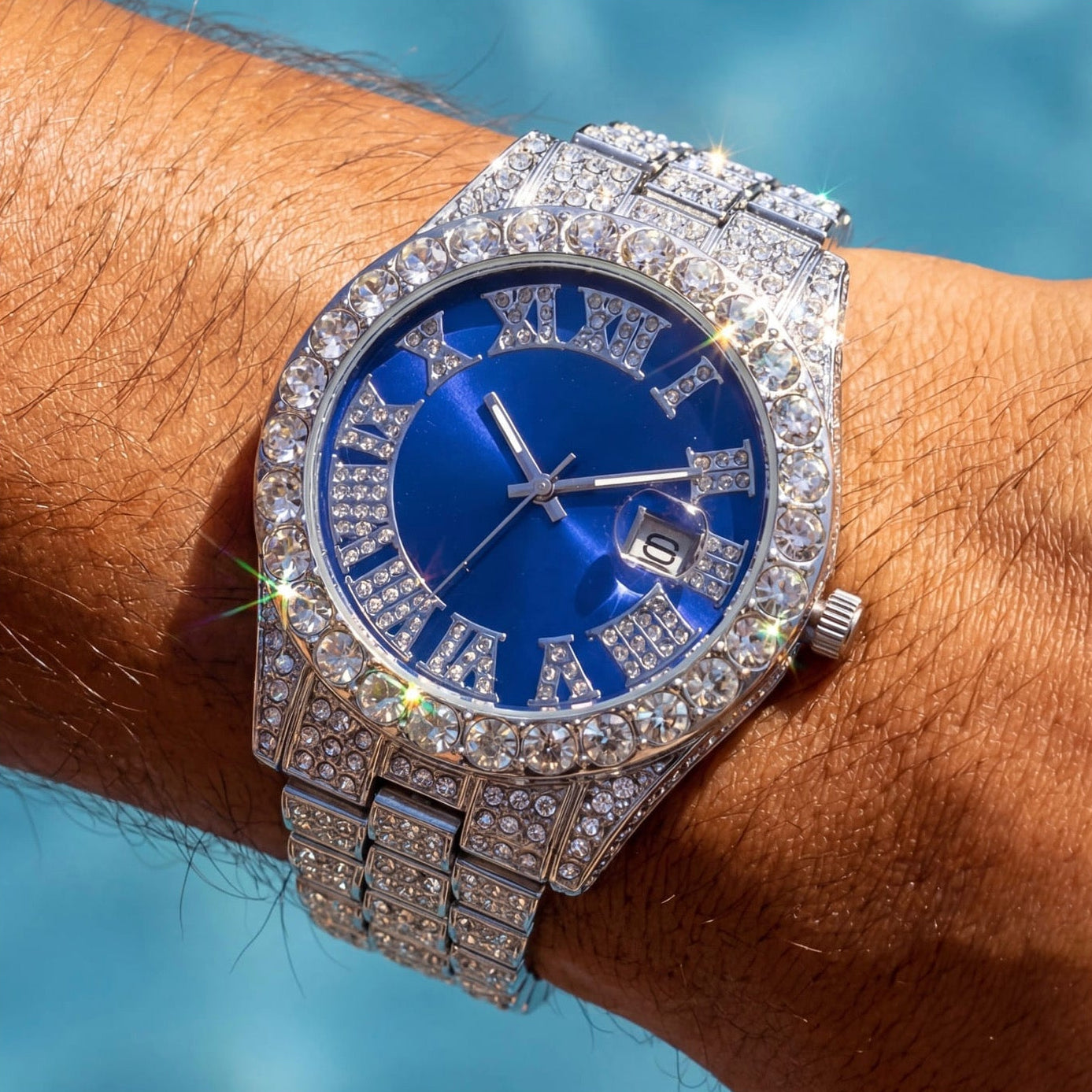 SALE | ICED OUT "SILVER/BLUE FRATELLO" UHR - ICERAIN JEWELRY