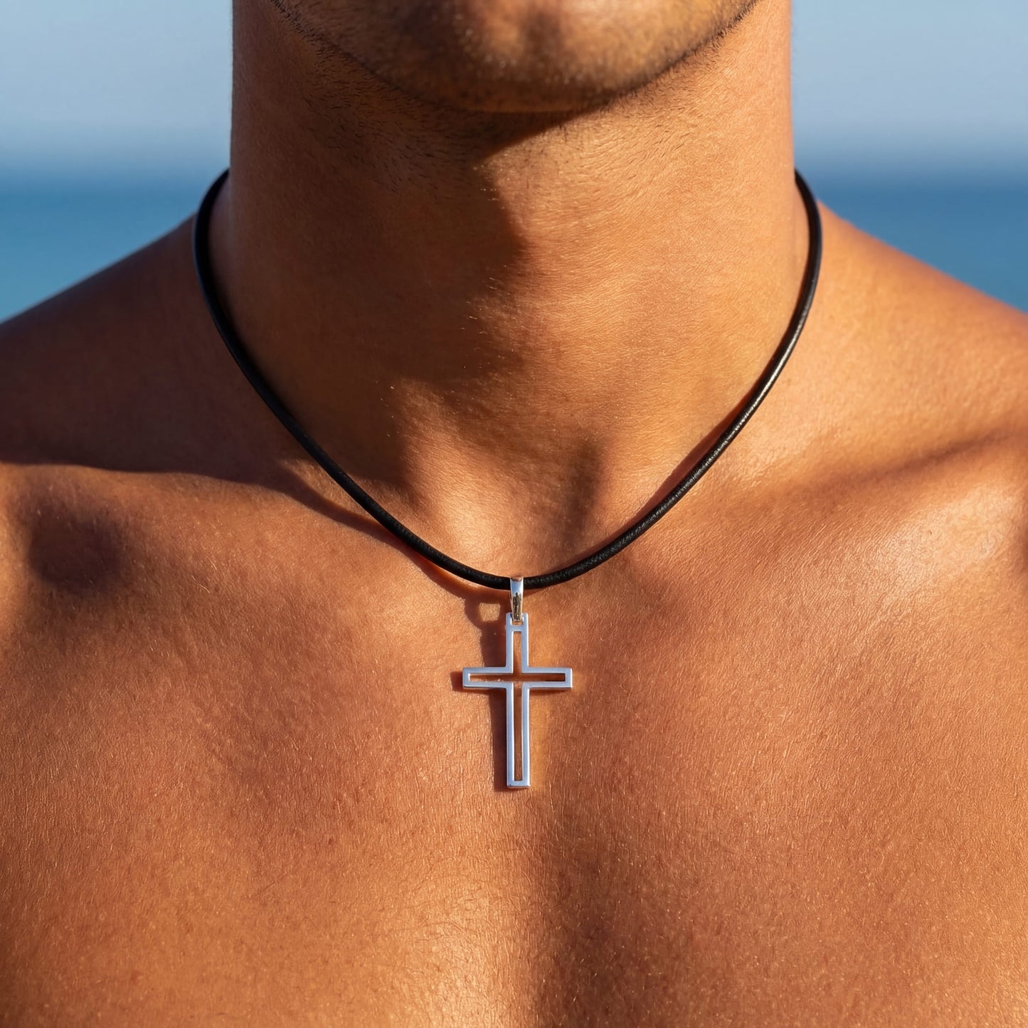 925S SILVER SCHWARZE LEDER "CROSS V2" KETTE - ICERAIN JEWELRY