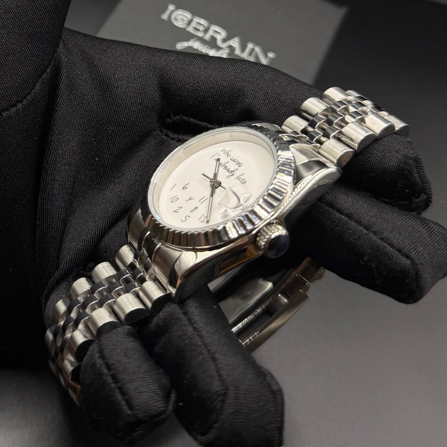 EDELSTAHL AUTOMATIK 36MM/39MM "WHO CARES I´M ALREADY LATE" UHR - ICERAIN JEWELRY