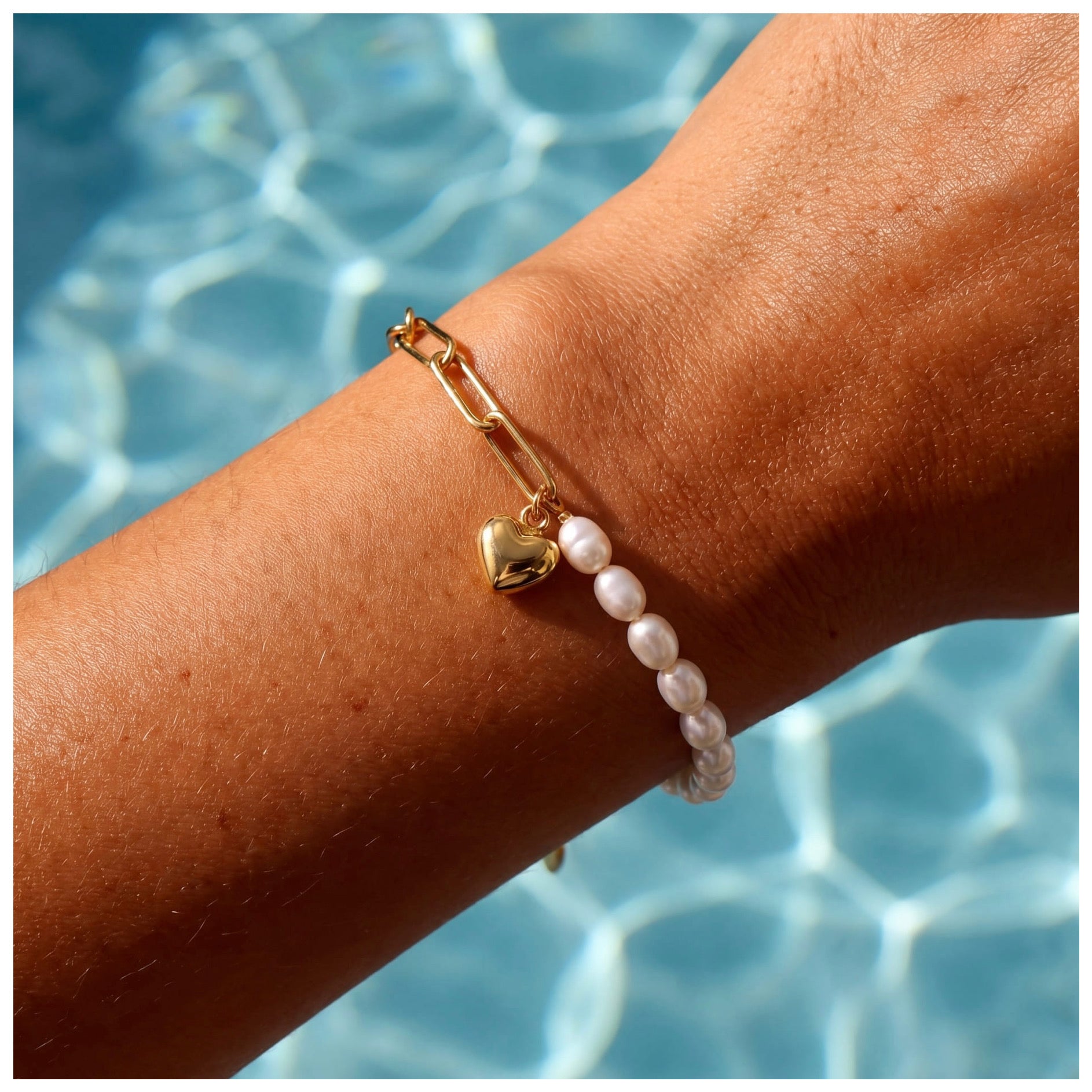 925S SILVER 14K GOLD "PEARL LINK HEART" ARMBAND - ICERAIN JEWELRY