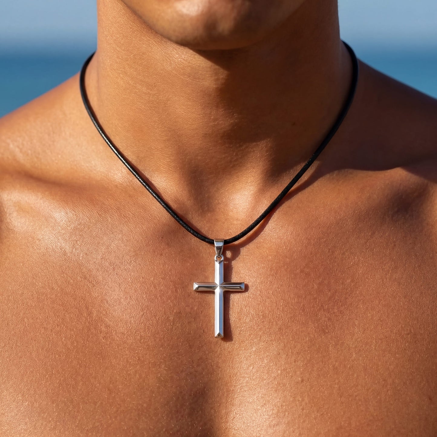 925S SILVER SCHWARZE LEDER "CROSS" KETTE - ICERAIN JEWELRY