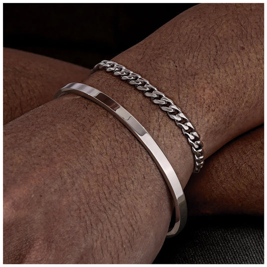 EDELSTAHL 2-IN-1 "SILVER CLASSICO CUBAN" SCHMUCKSET (ARMBAND + ARMREIF) - ICERAIN JEWELRY