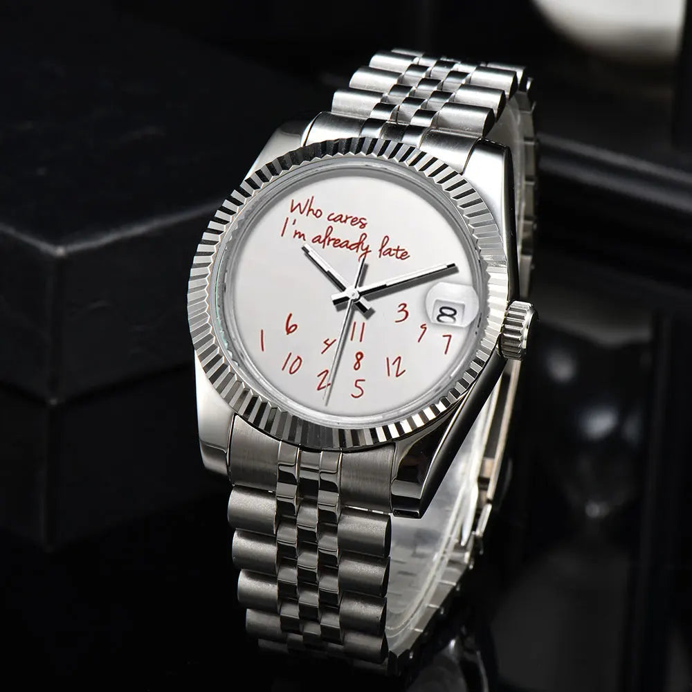 EDELSTAHL AUTOMATIK 36MM/39MM "WHO CARES I´M ALREADY LATE" UHR - ICERAIN JEWELRY