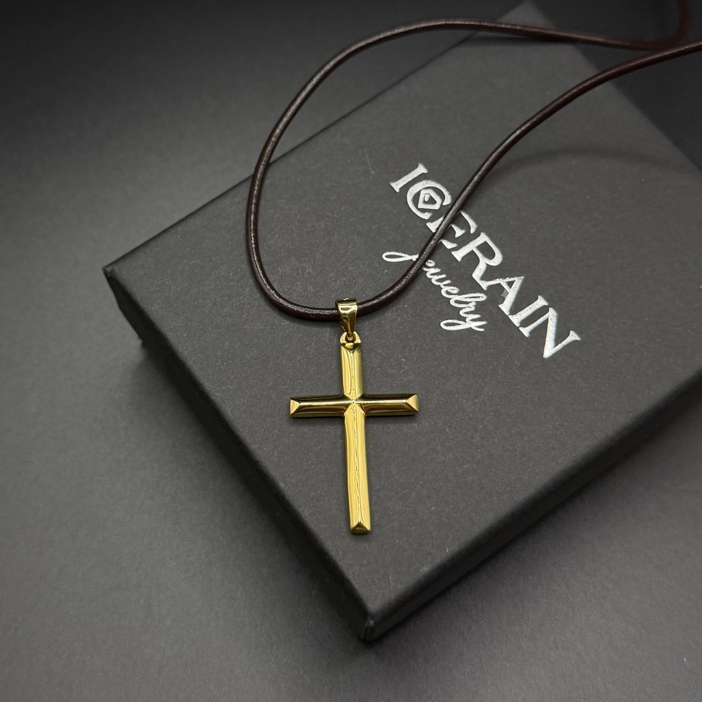 925S SILVER 14K GOLD BRAUNE LEDER "CROSS" KETTE - ICERAIN JEWELRY