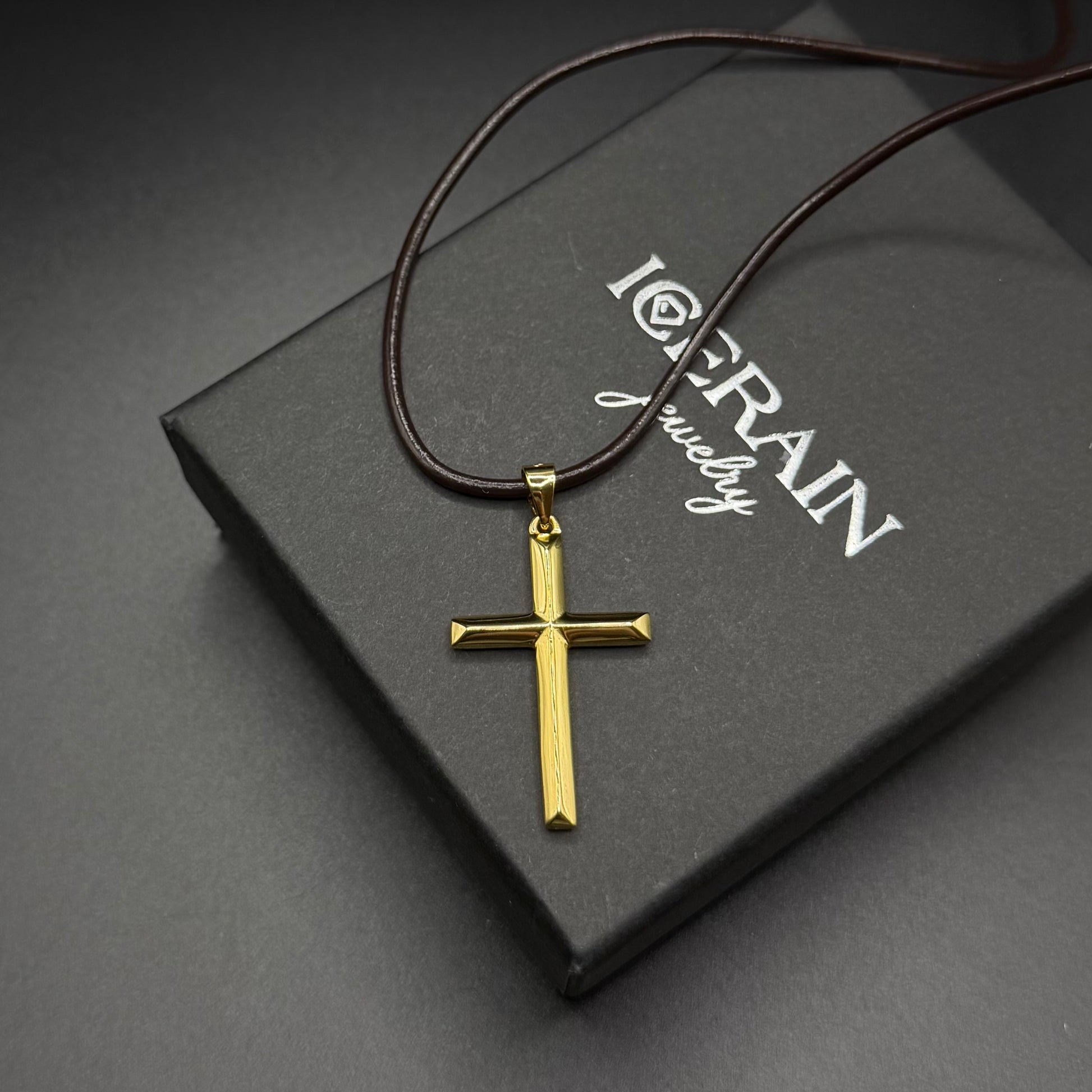 925S SILVER 14K GOLD BRAUNE LEDER "CROSS" KETTE - ICERAIN JEWELRY