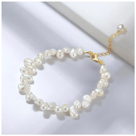 925S SILVER 14K GOLD "NATURAL FRESHWATER PEARL" ARMBAND - ICERAIN JEWELRY