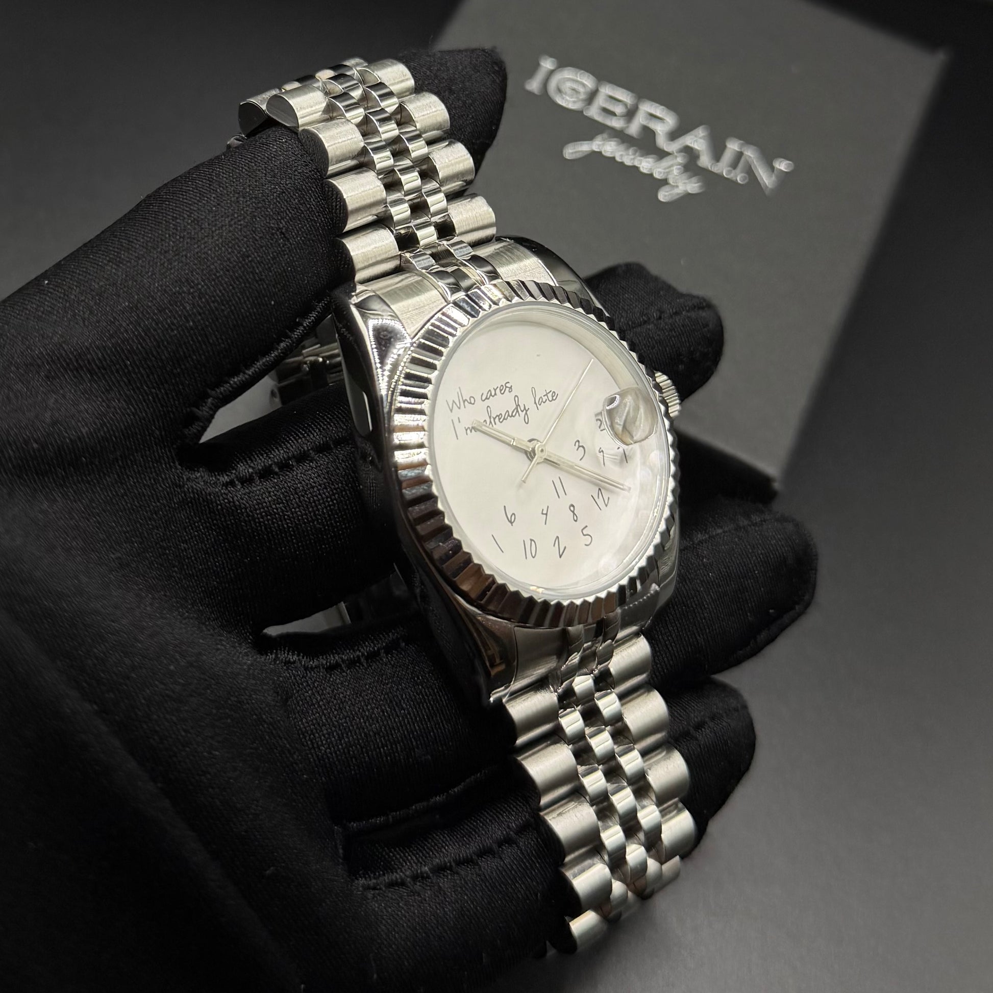 EDELSTAHL AUTOMATIK 36MM/39MM "WHO CARES I´M ALREADY LATE" UHR - ICERAIN JEWELRY