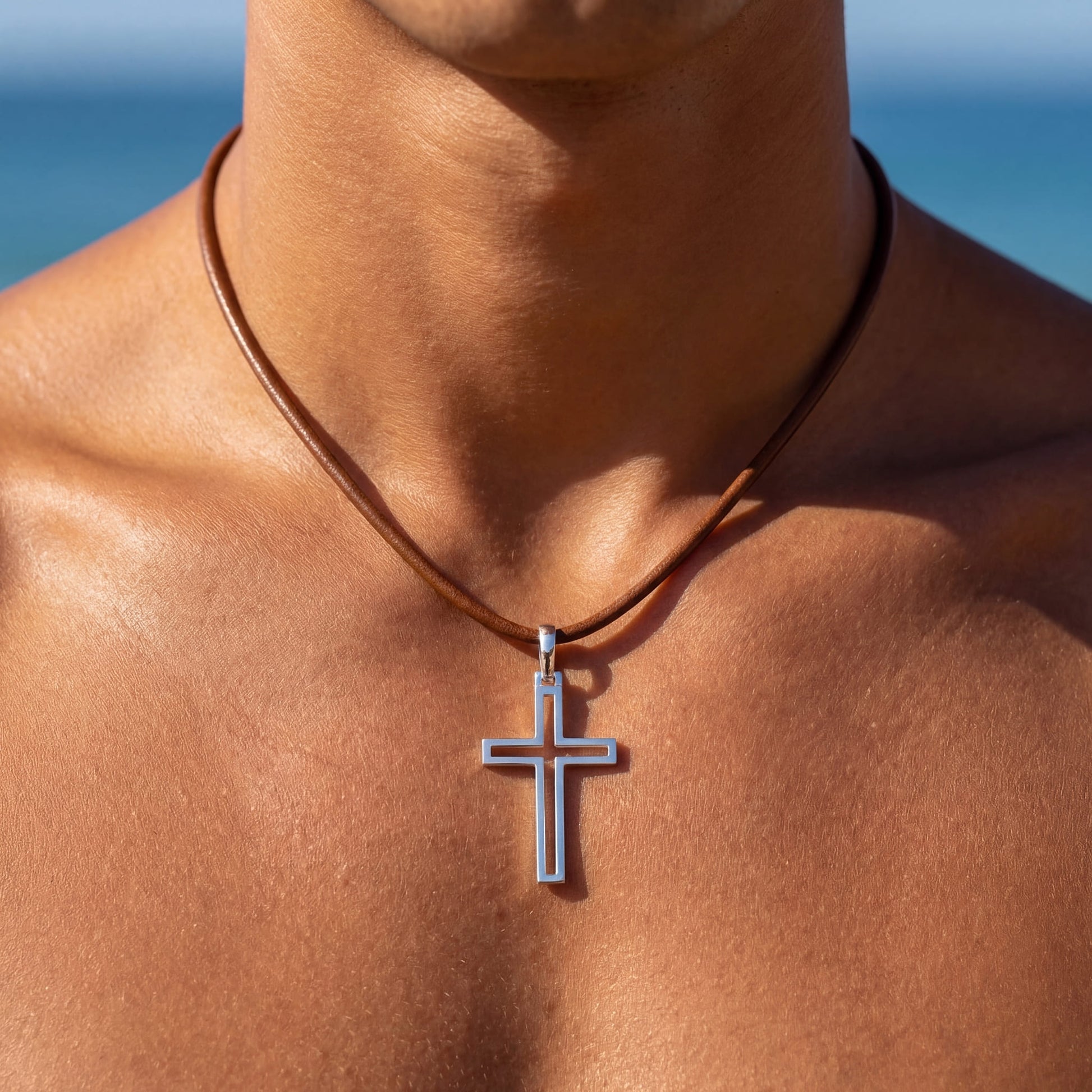 925S SILVER BRAUNE LEDER "CROSS V2" KETTE - ICERAIN JEWELRY
