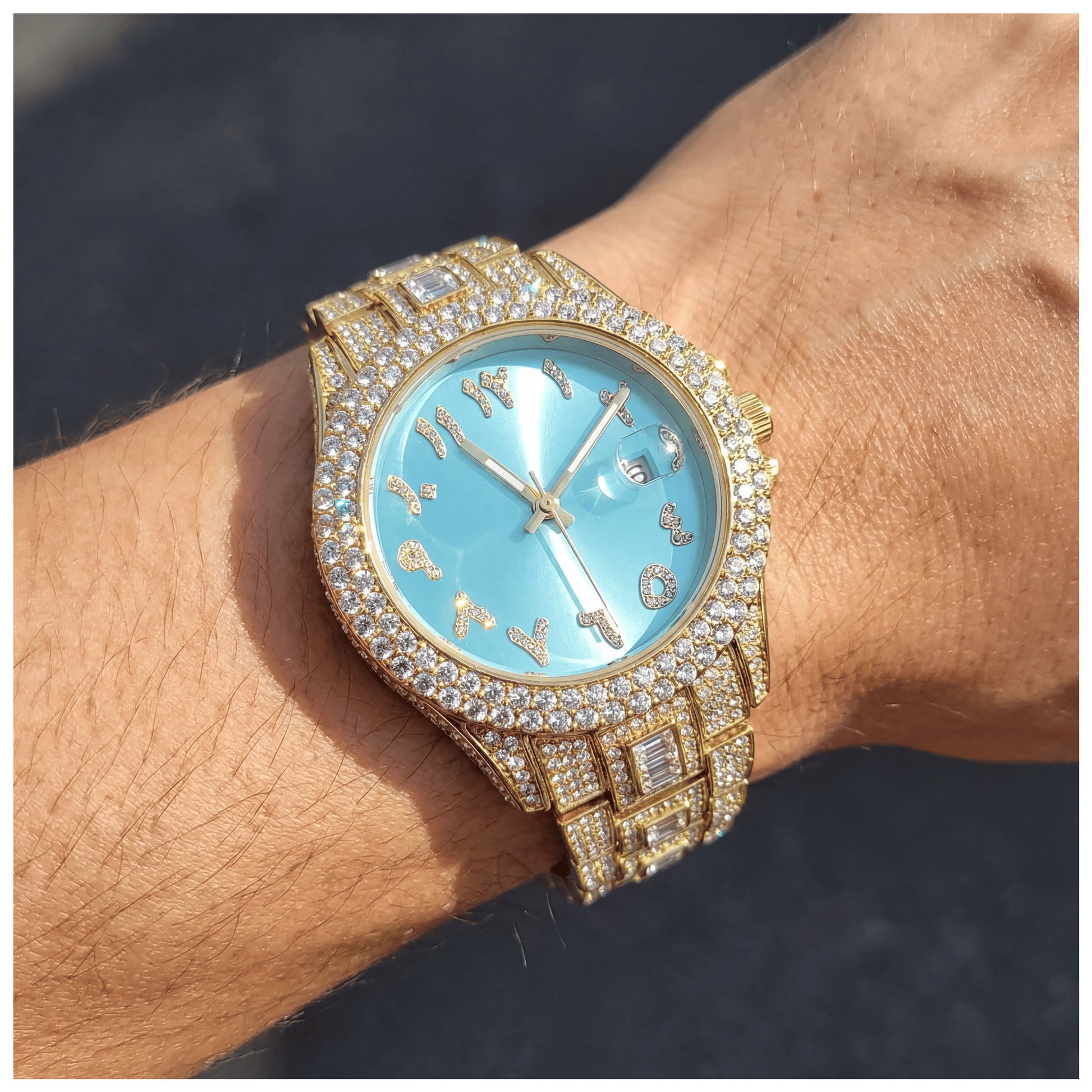SALE | ICED OUT "GOLD/SKYBLUE ARABIC" UHR - ICERAIN JEWELRY