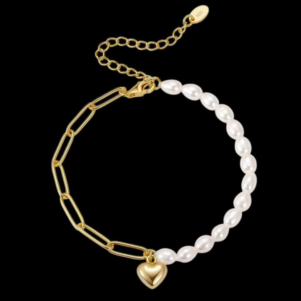 925S SILVER 14K GOLD "PEARL LINK HEART" ARMBAND