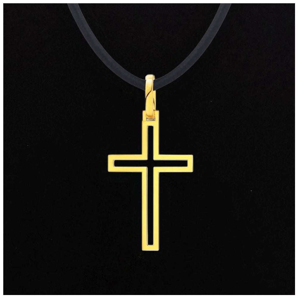 925S SILVER 18K GOLD SCHWARZE LEDER "CROSS V2" KETTE - ICERAIN JEWELRY
