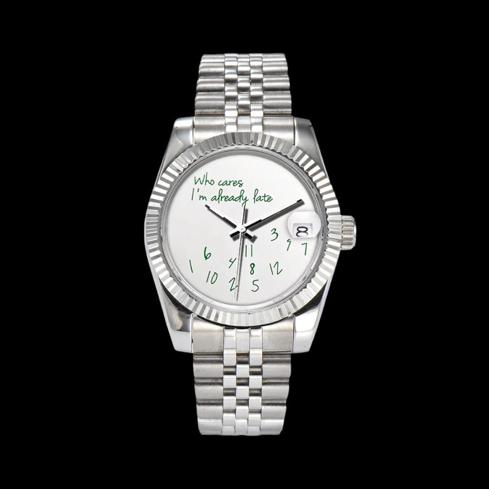 EDELSTAHL AUTOMATIK 36MM/39MM "WHO CARES I´M ALREADY LATE" UHR - ICERAIN JEWELRY