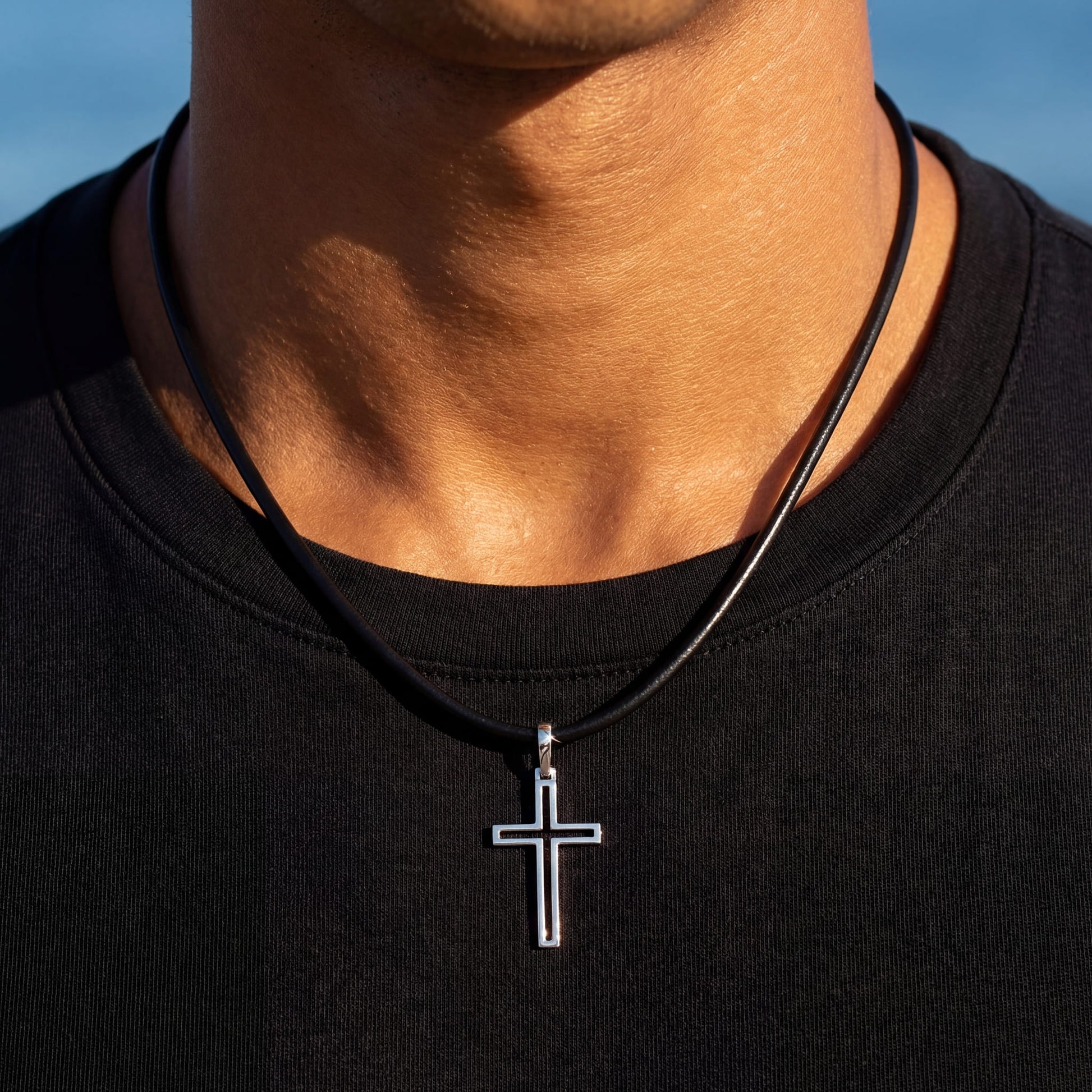 925S SILVER SCHWARZE LEDER "CROSS V2" KETTE - ICERAIN JEWELRY