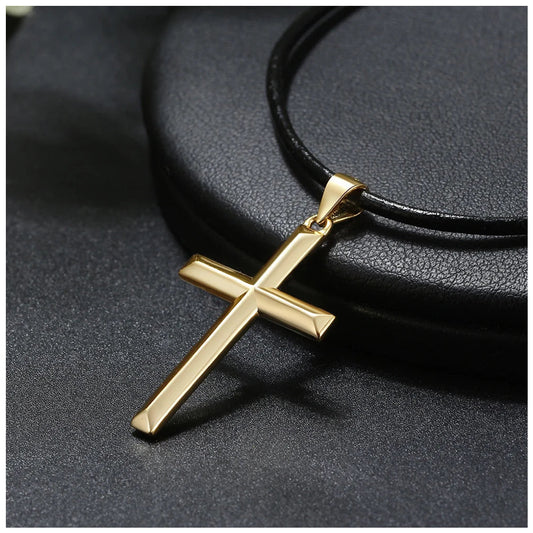 925S SILVER 14K GOLD SCHWARZE LEDER "CROSS" KETTE - ICERAIN JEWELRY