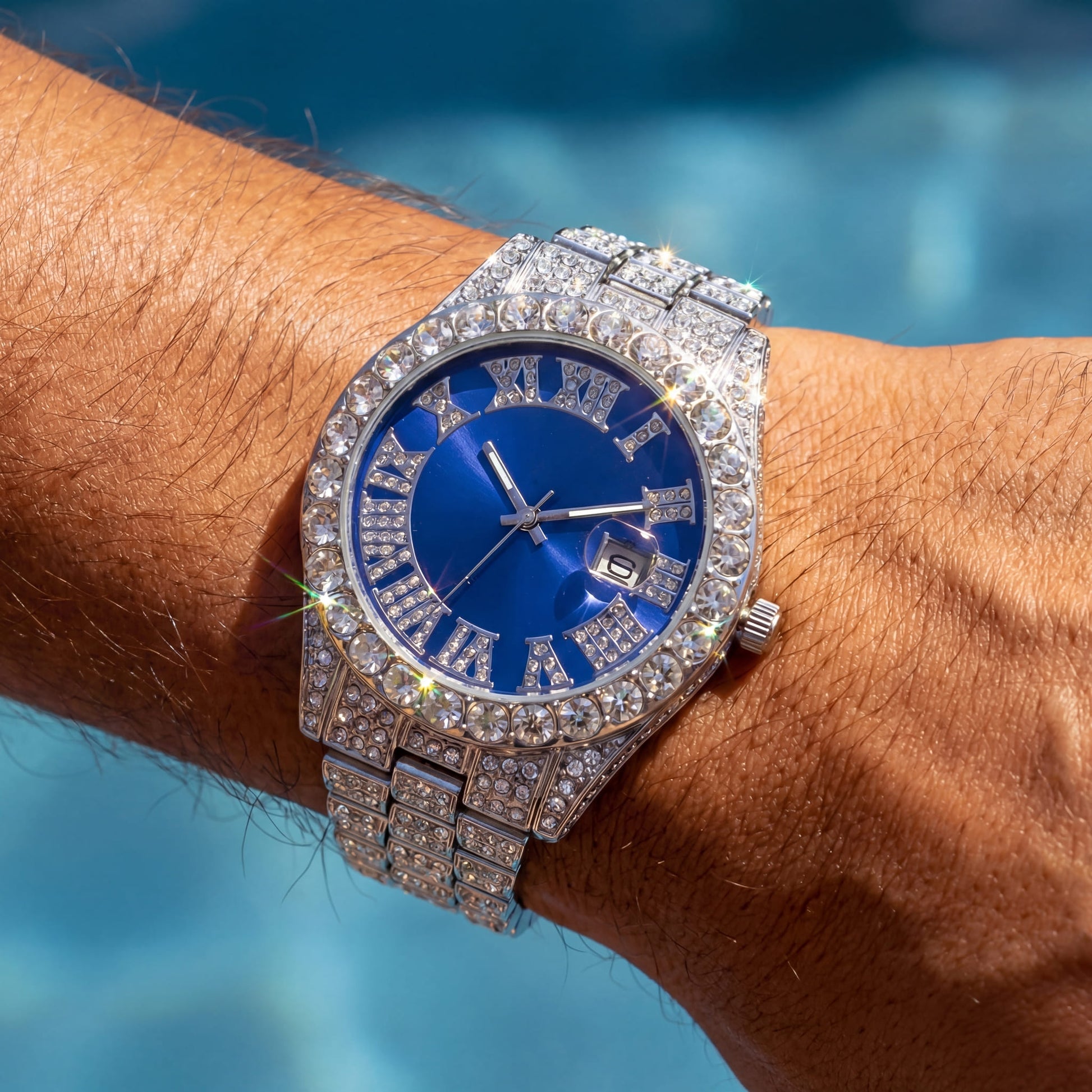 SALE | ICED OUT "SILVER/BLUE FRATELLO" UHR - ICERAIN JEWELRY