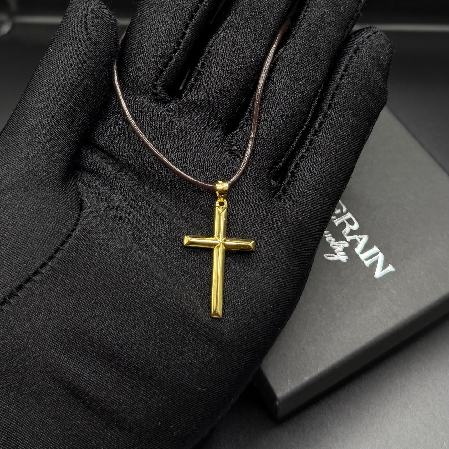 925S SILVER 14K GOLD BRAUNE LEDER "CROSS" KETTE - ICERAIN JEWELRY