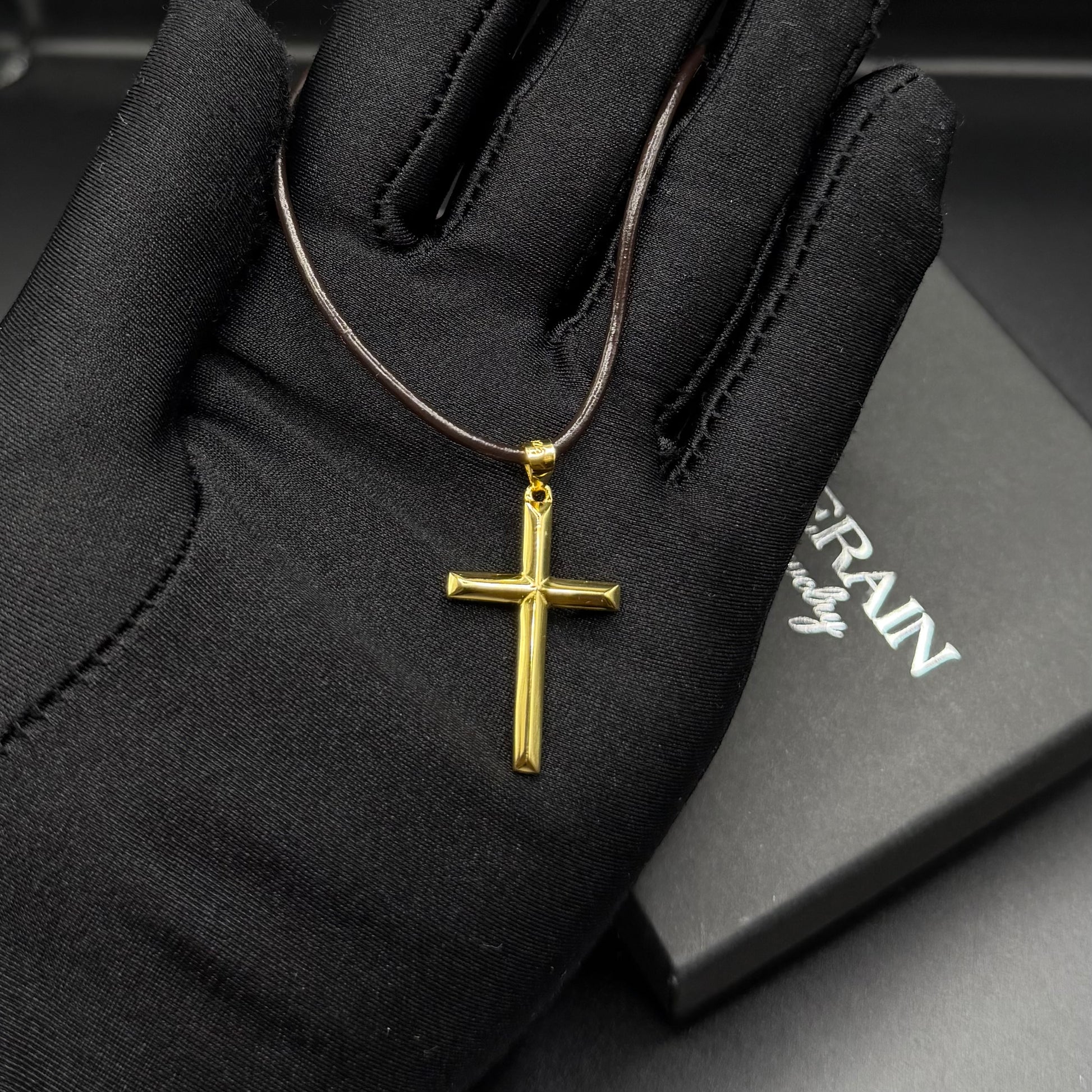 925S SILVER 14K GOLD BRAUNE LEDER "CROSS" KETTE - ICERAIN JEWELRY