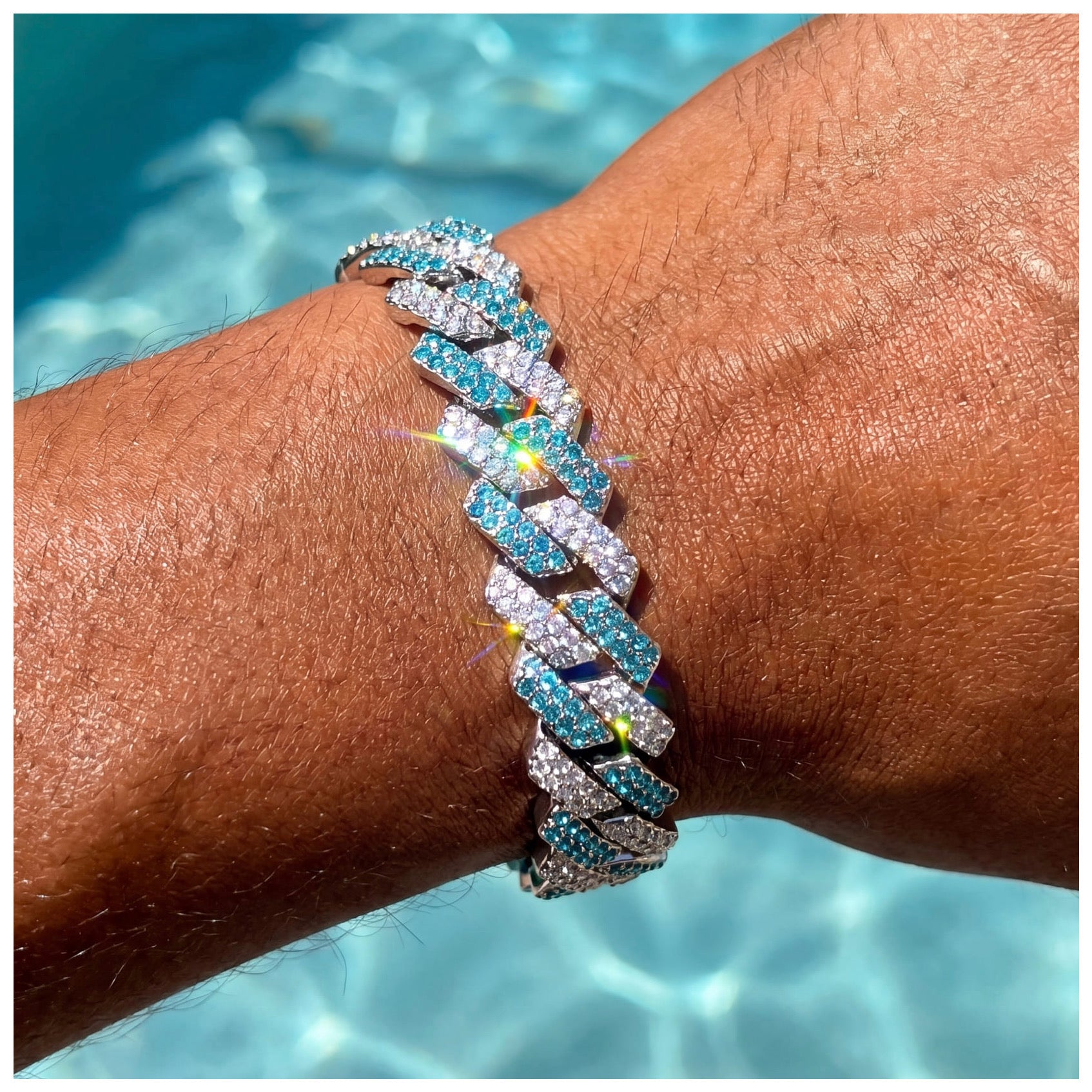 ICED OUT 14MM "SILVER/BLUE PRONG CUBAN" ARMBAND [CLASSIC VERSION] - ICERAIN JEWELRY