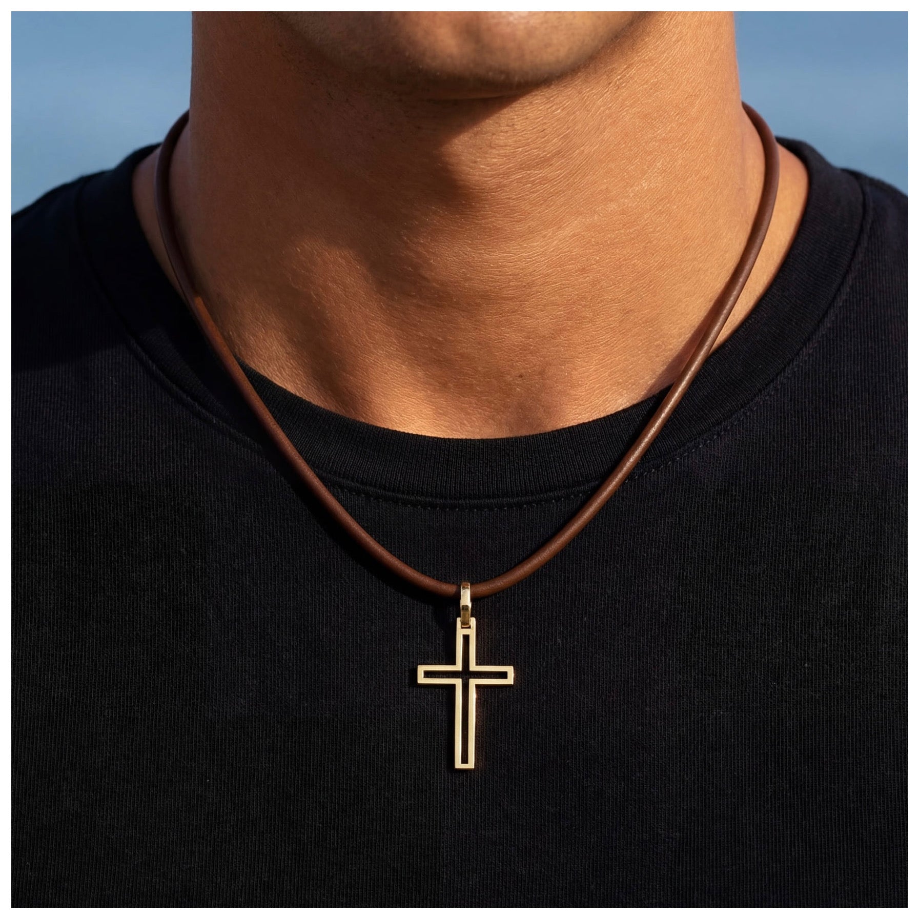 925S SILVER 18K GOLD BRAUNE LEDER "CROSS V2" KETTE - ICERAIN JEWELRY